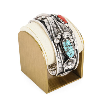 Navajo Sterling Turquoise Coral Coin Cuff Bracelet