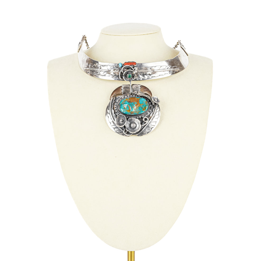 Z Navajo Sterling Turquoise Coral Horn Collar Necklace