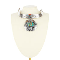Z Navajo Sterling Turquoise Coral Horn Collar Necklace