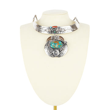 Z Navajo Sterling Turquoise Coral Horn Collar Necklace
