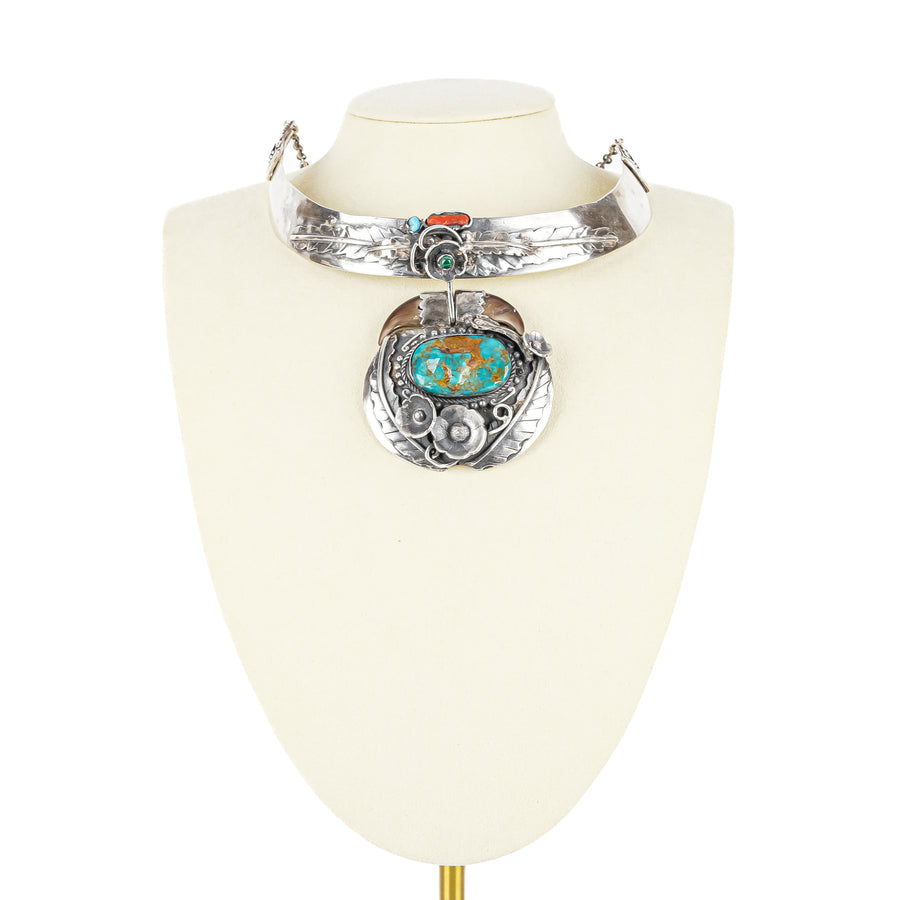 Z Navajo Sterling Turquoise Coral Horn Collar Necklace