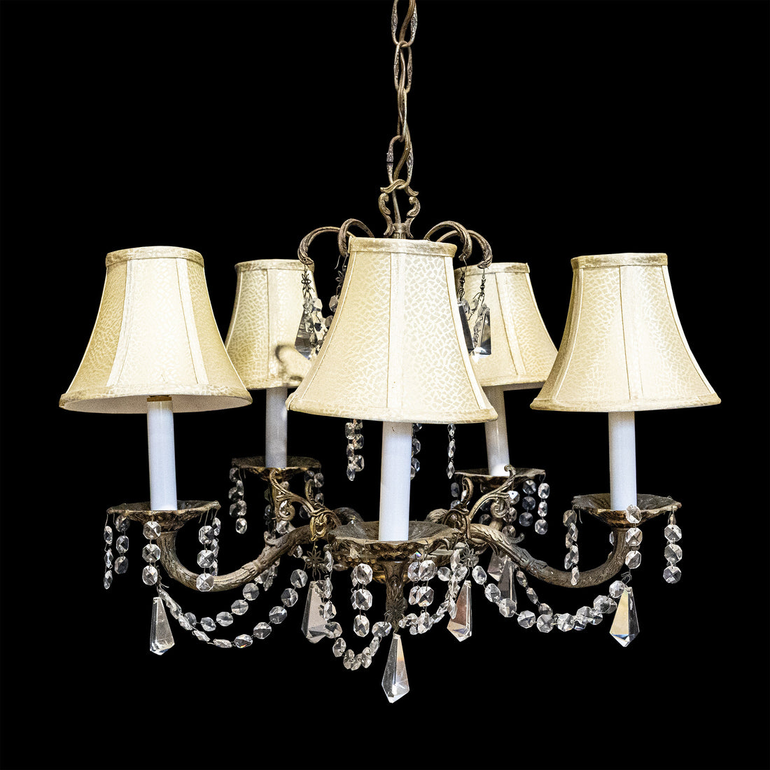Spanish Brass 5 Light Fixture With Drops And Shades