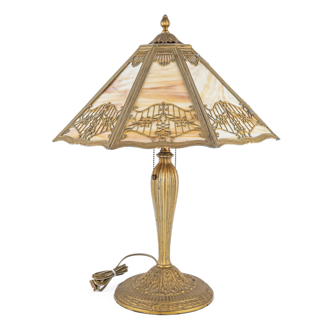 Vintage Cast Metal Lamp w/Slag Glass Shade