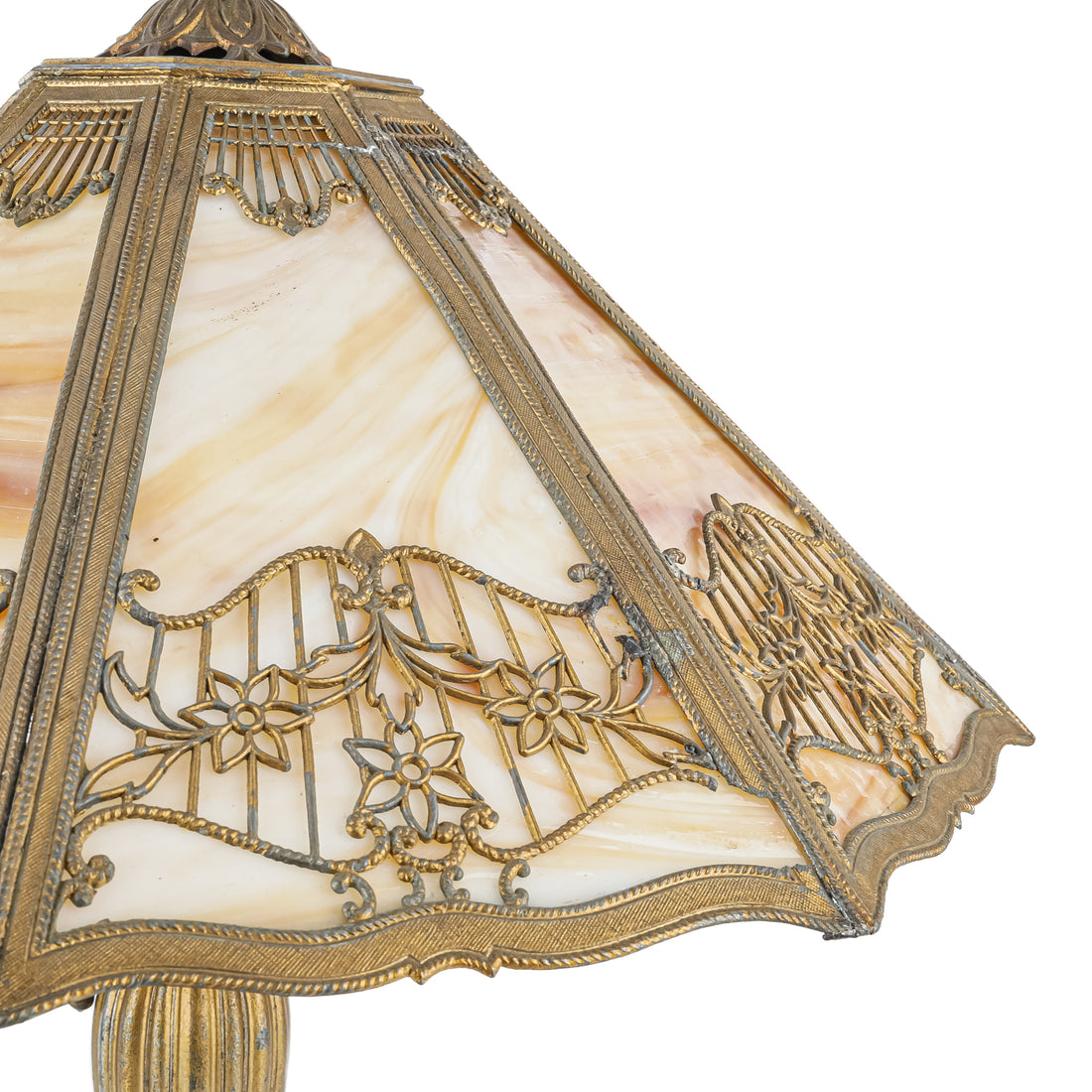 Vintage Cast Metal Lamp w/Slag Glass Shade