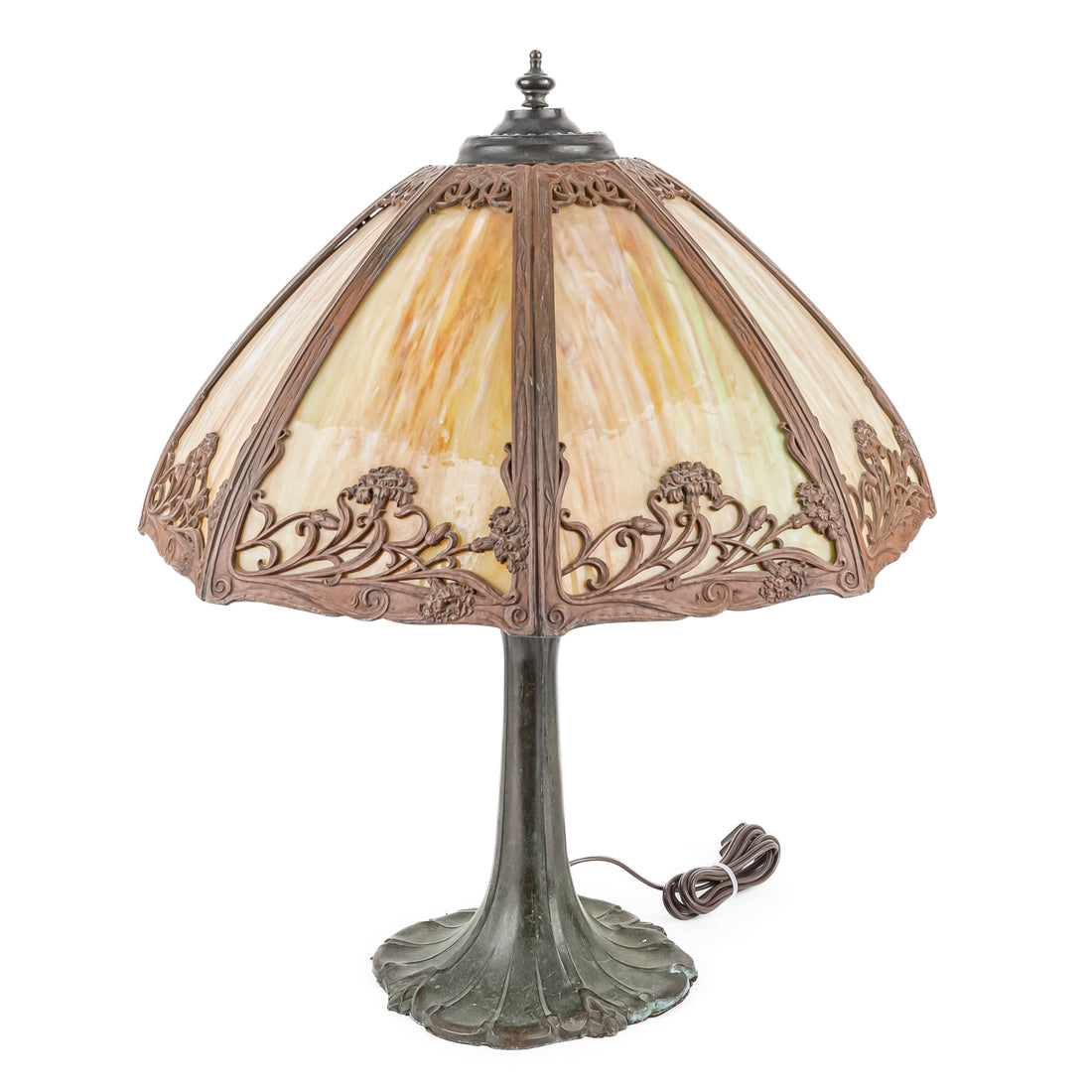 Vintage Cast Metal Lamp w/Slag Glass Shade