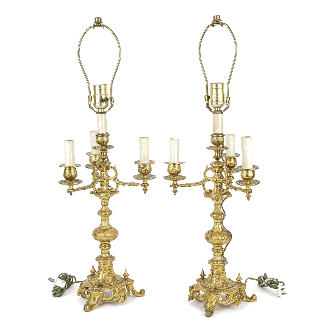PAIR Gilt Brass Three Arm Converted Candelabra Lamps
