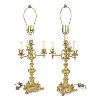 PAIR Gilt Brass Three Arm Converted Candelabra Lamps