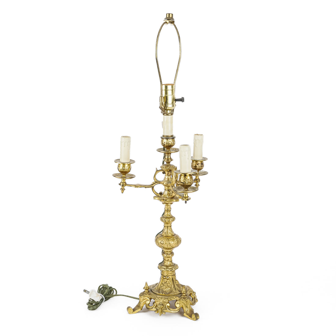 PAIR Gilt Brass Three Arm Converted Candelabra Lamps