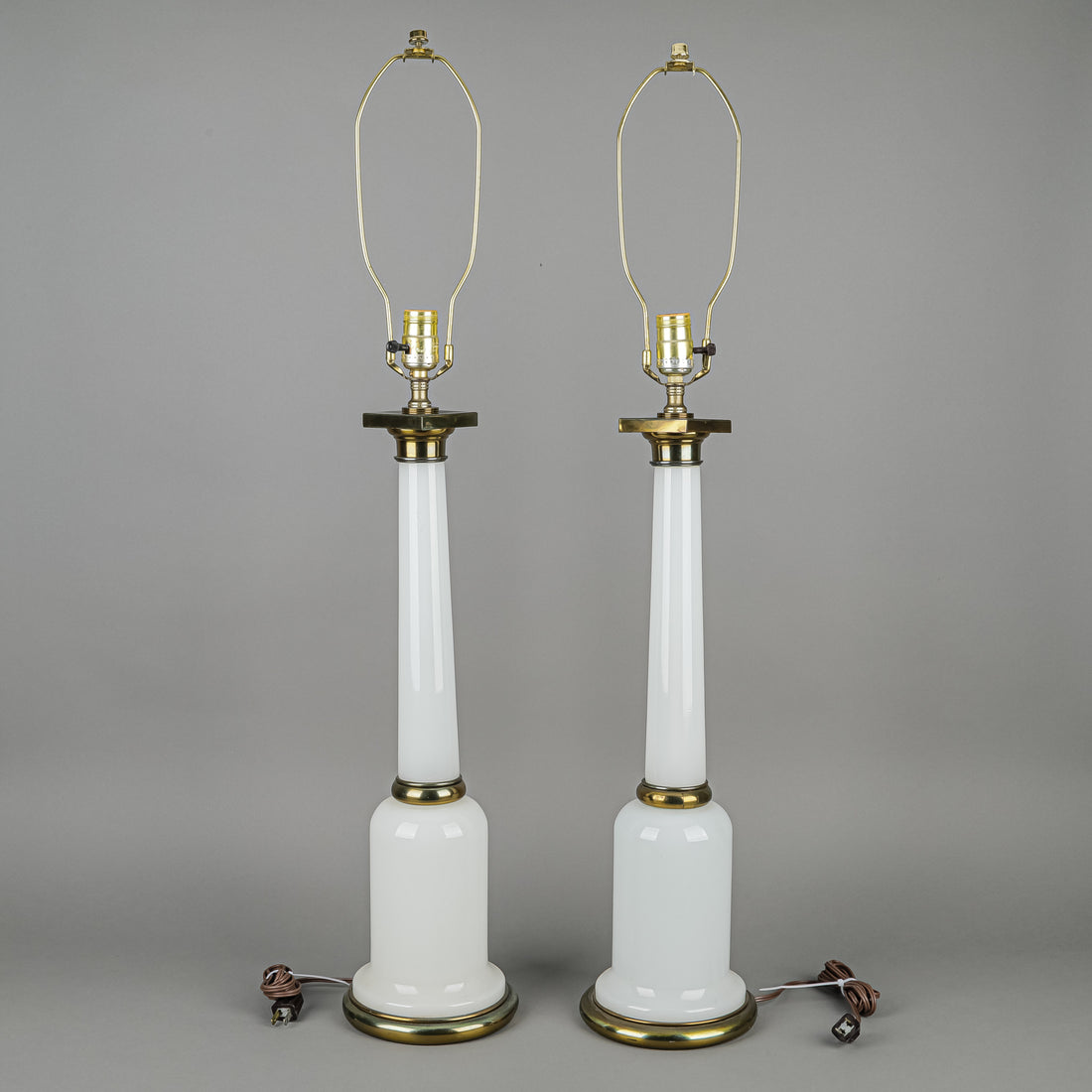 Vintage White Glass & Brass Column Lamps Set of 2