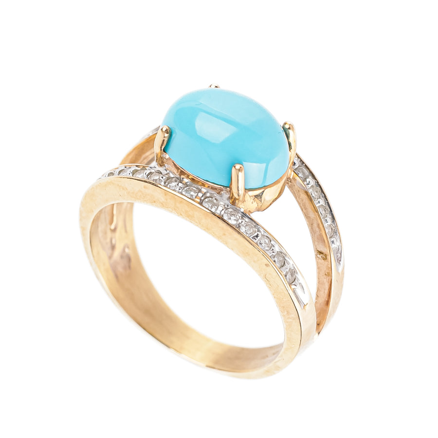 10K Yellow Gold And Turquoise Cabochon Diamond Ring