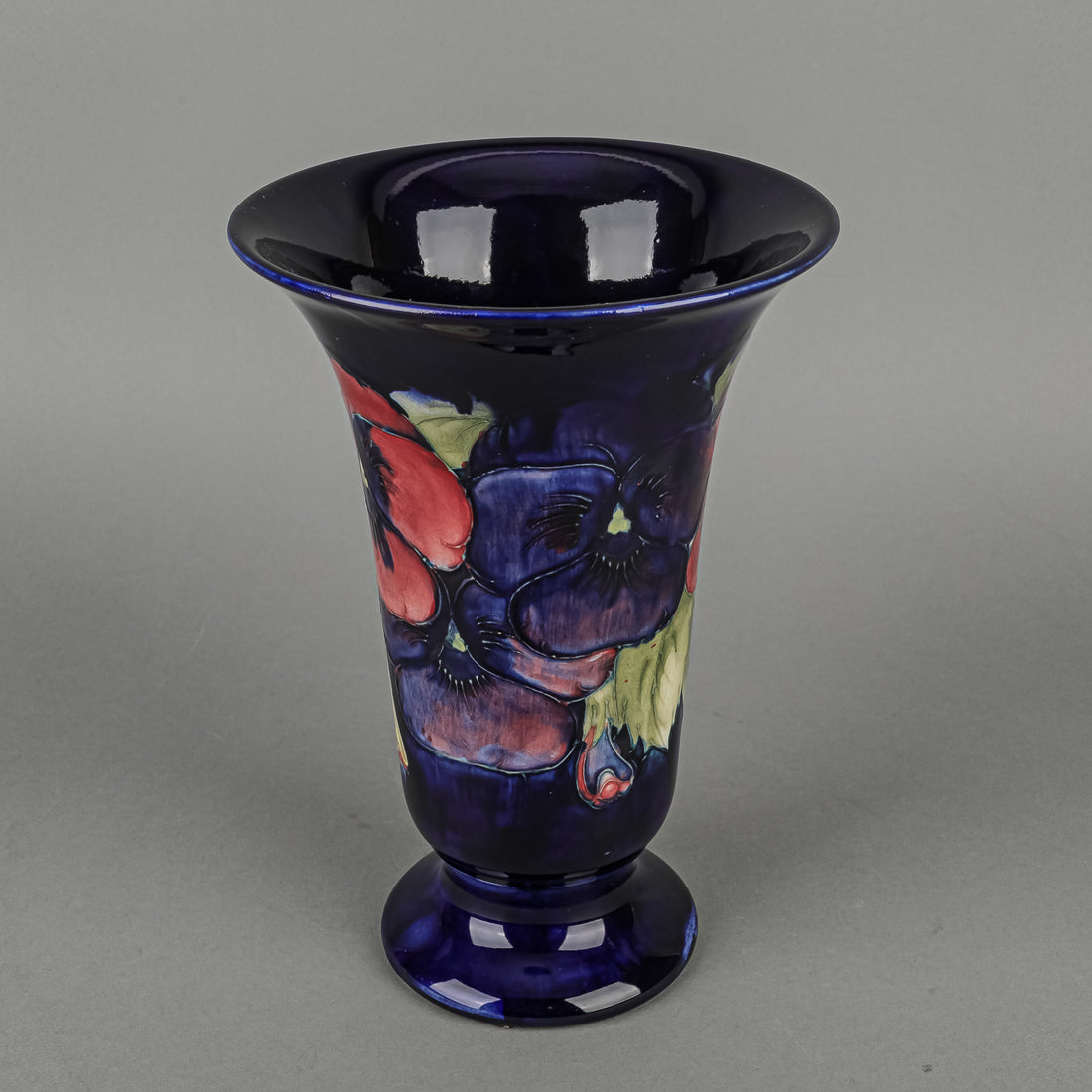 MOORCROFT Pansy Blue Ground Footed Flare Vase