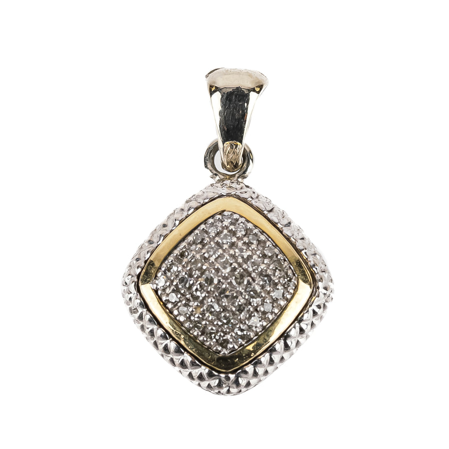 14K Yellow Gold Silver Diamond Square Pendant