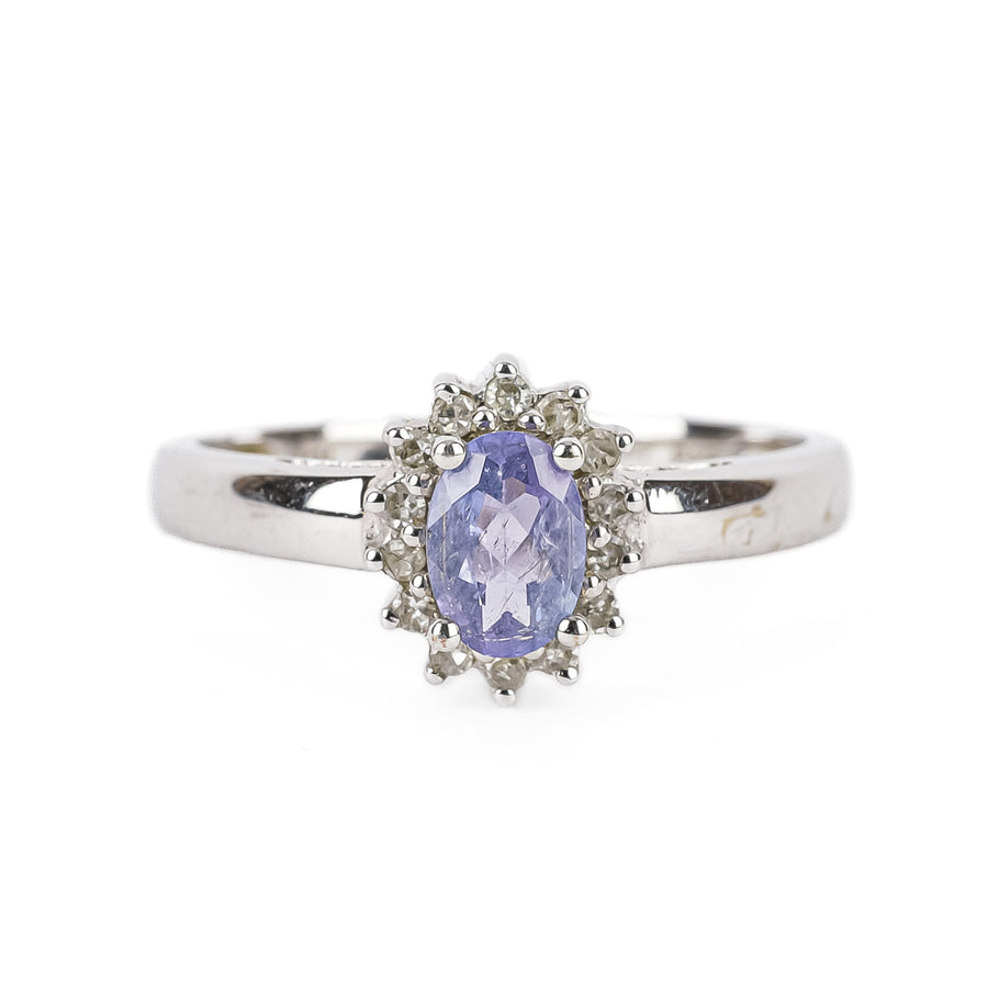 14K White Gold Oval Tanzanite Diamond Cluster Ring