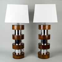 Vintage Wood & Chrome Cylinder Lamps w/Square Shades Set of 2