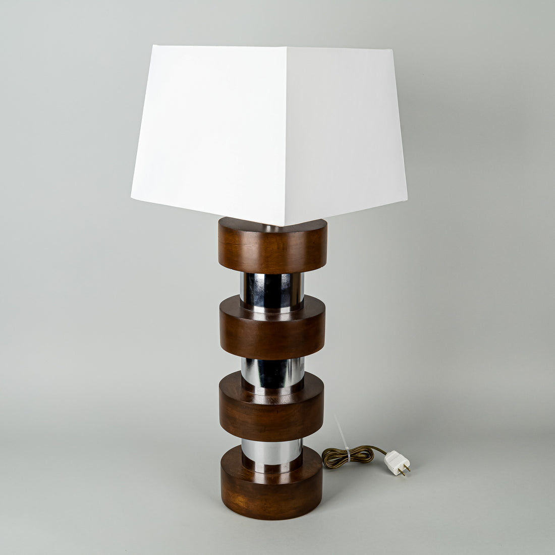 Vintage Wood & Chrome Cylinder Lamps w/Square Shades Set of 2