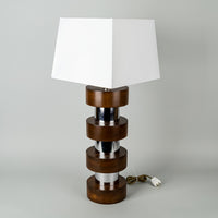 Vintage Wood & Chrome Cylinder Lamps w/Square Shades Set of 2