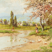 Laszlo Neogrady (Hungarian 1896-1962) River Scene With Women And Ducks - Oil on canvas