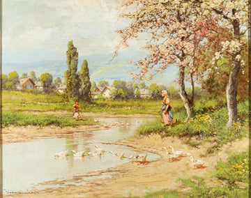 Laszlo Neogrady (Hungarian 1896-1962) River Scene With Women And Ducks - Oil on canvas