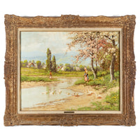 Laszlo Neogrady (Hungarian 1896-1962) River Scene With Women And Ducks - Oil on canvas