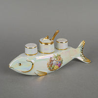 BIRKS PORCELAINE D"ART Fish Stand With Salt Pepper & Mustard Set 6 Pieces