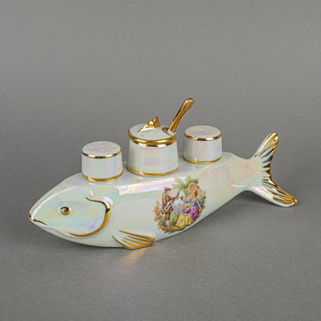 BIRKS PORCELAINE D"ART Fish Stand With Salt Pepper & Mustard Set 6 Pieces