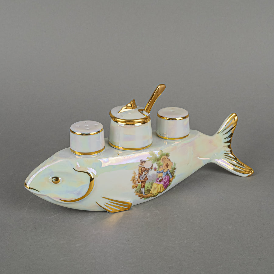 BIRKS PORCELAINE D"ART Fish Stand With Salt Pepper & Mustard Set 6 Pieces