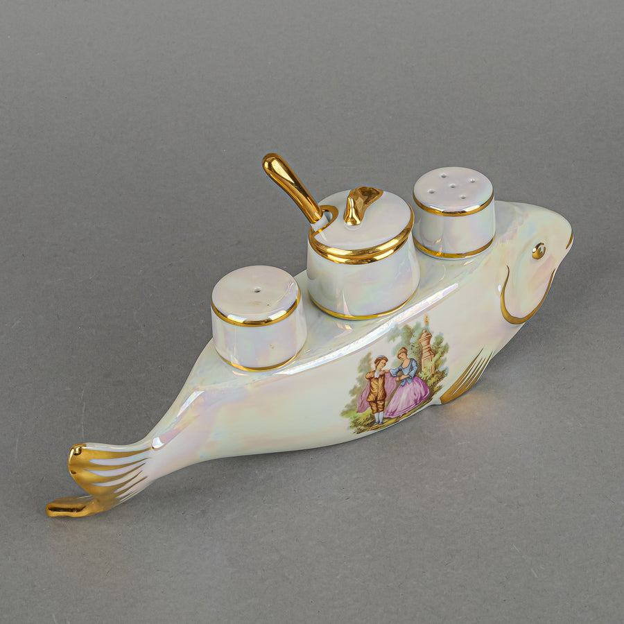 BIRKS PORCELAINE D"ART Fish Stand With Salt Pepper & Mustard Set 6 Pieces