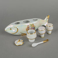 BIRKS PORCELAINE D"ART Fish Stand With Salt Pepper & Mustard Set 6 Pieces