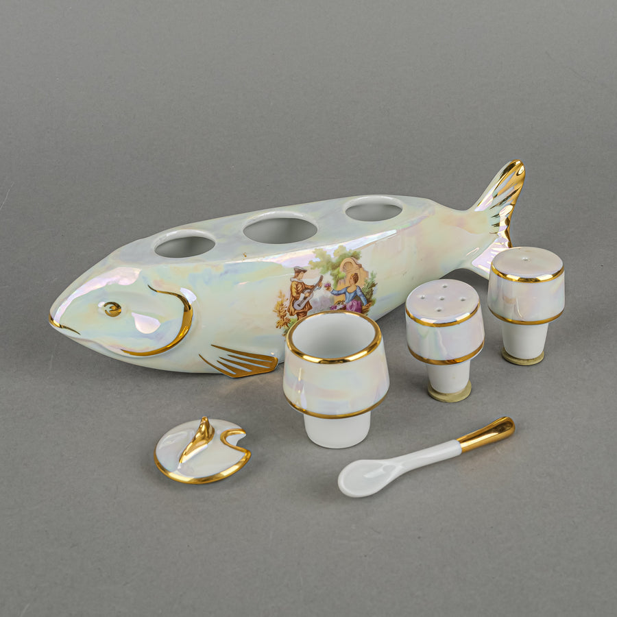 BIRKS PORCELAINE D"ART Fish Stand With Salt Pepper & Mustard Set 6 Pieces