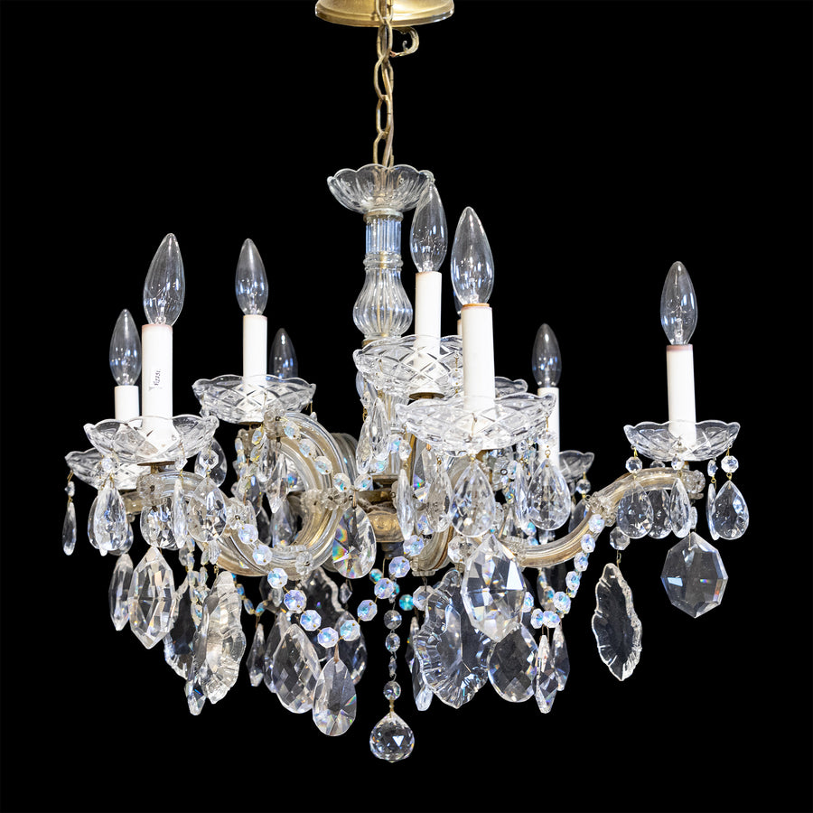 Steel And  Crystal Nine Light Chandelier With Drops