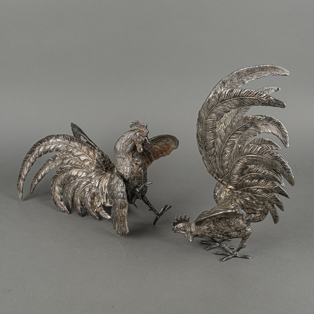 Silverplate Figurines Fighting Roosters Set Of 2