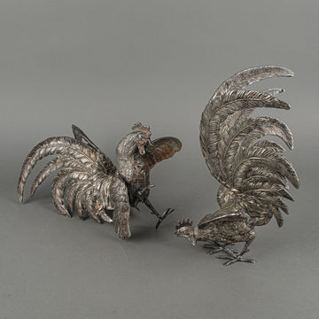 Silverplate Figurines Fighting Roosters Set Of 2