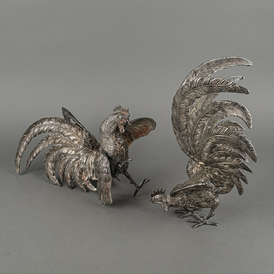 Silverplate Figurines Fighting Roosters Set Of 2