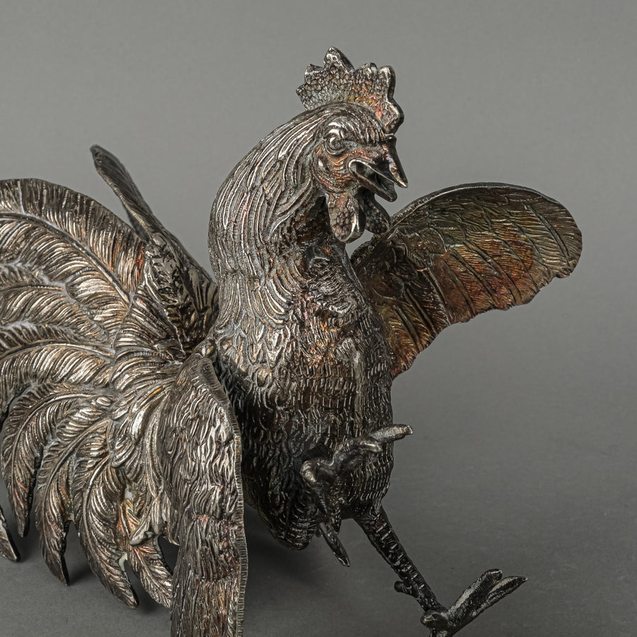 Silverplate Figurines Fighting Roosters Set Of 2