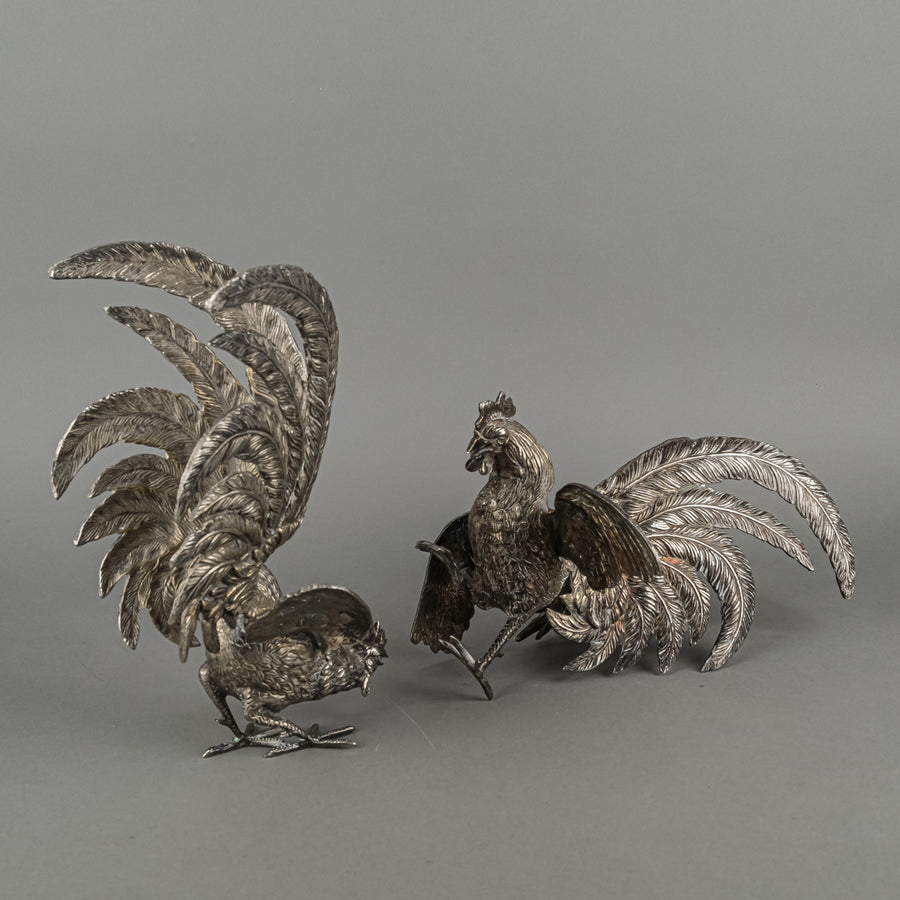 Silverplate Figurines Fighting Roosters Set Of 2