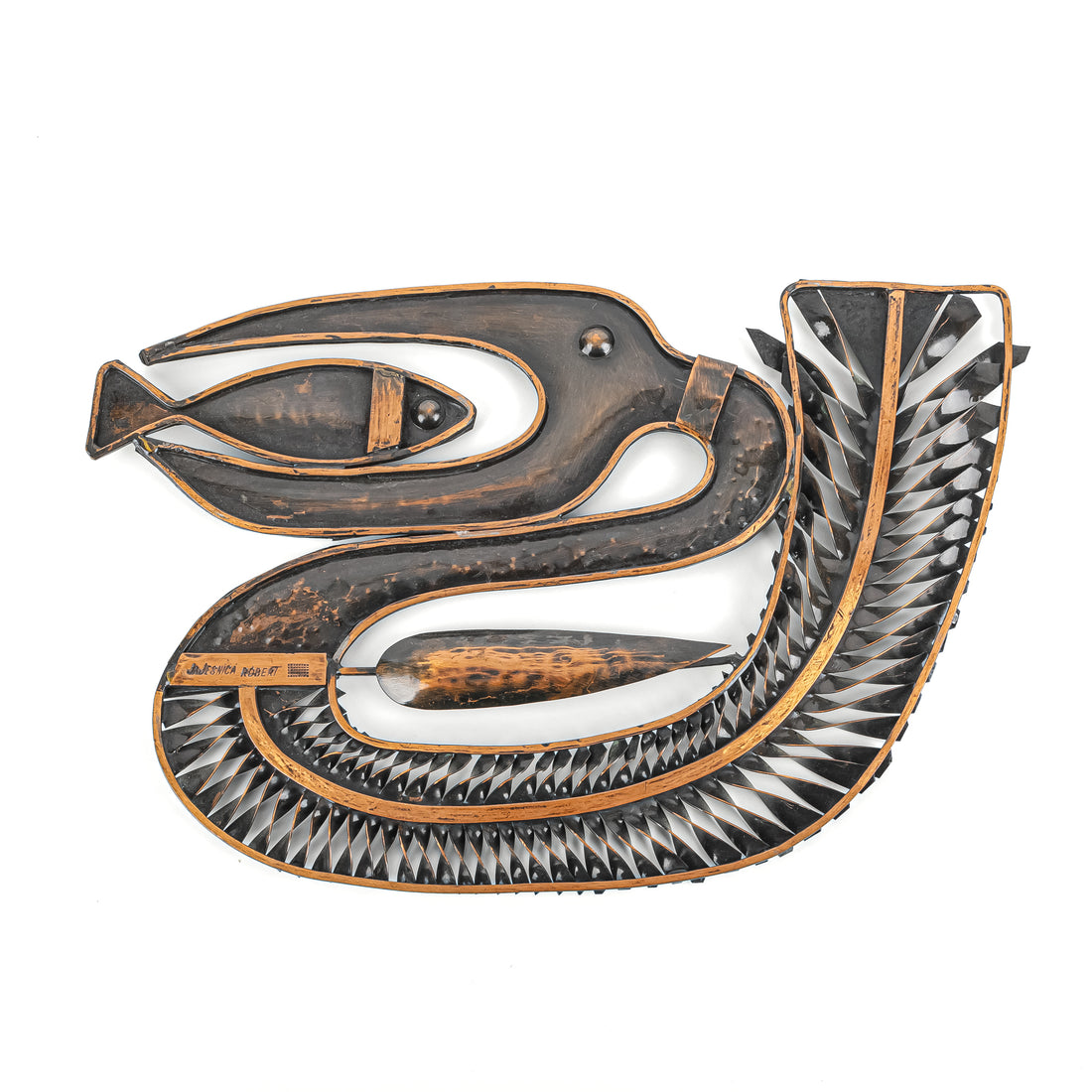 Robert Jajesnica (Hungarian 20th C) Copper Wall Art Bird Eating Fish