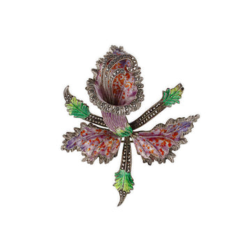 800 Silver Enamel Marcasite Cattleya Orchid Brooch