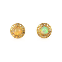 9K Yellow Gold Cabochon Opal & Diamond Halo Stud Earrings