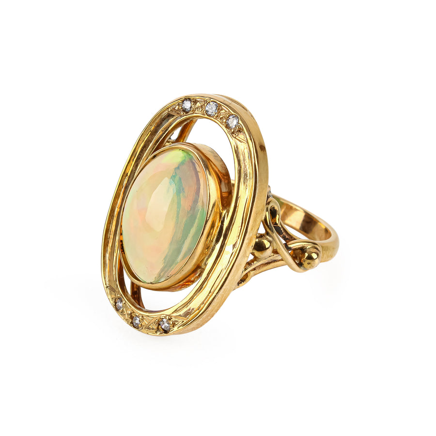9K Yellow Gold Oval Opal Cabochon & Diamond Ring