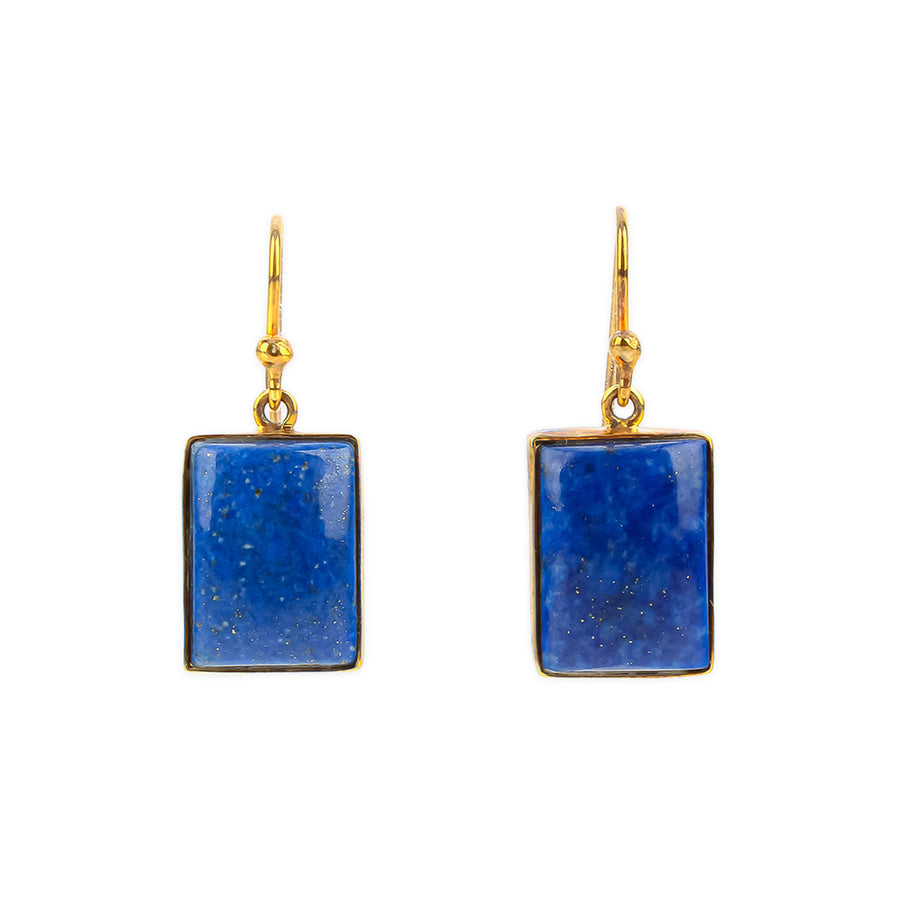 9K Yellow Gold Rectangular Cabochon Lapis Lazuli Drop Earrings