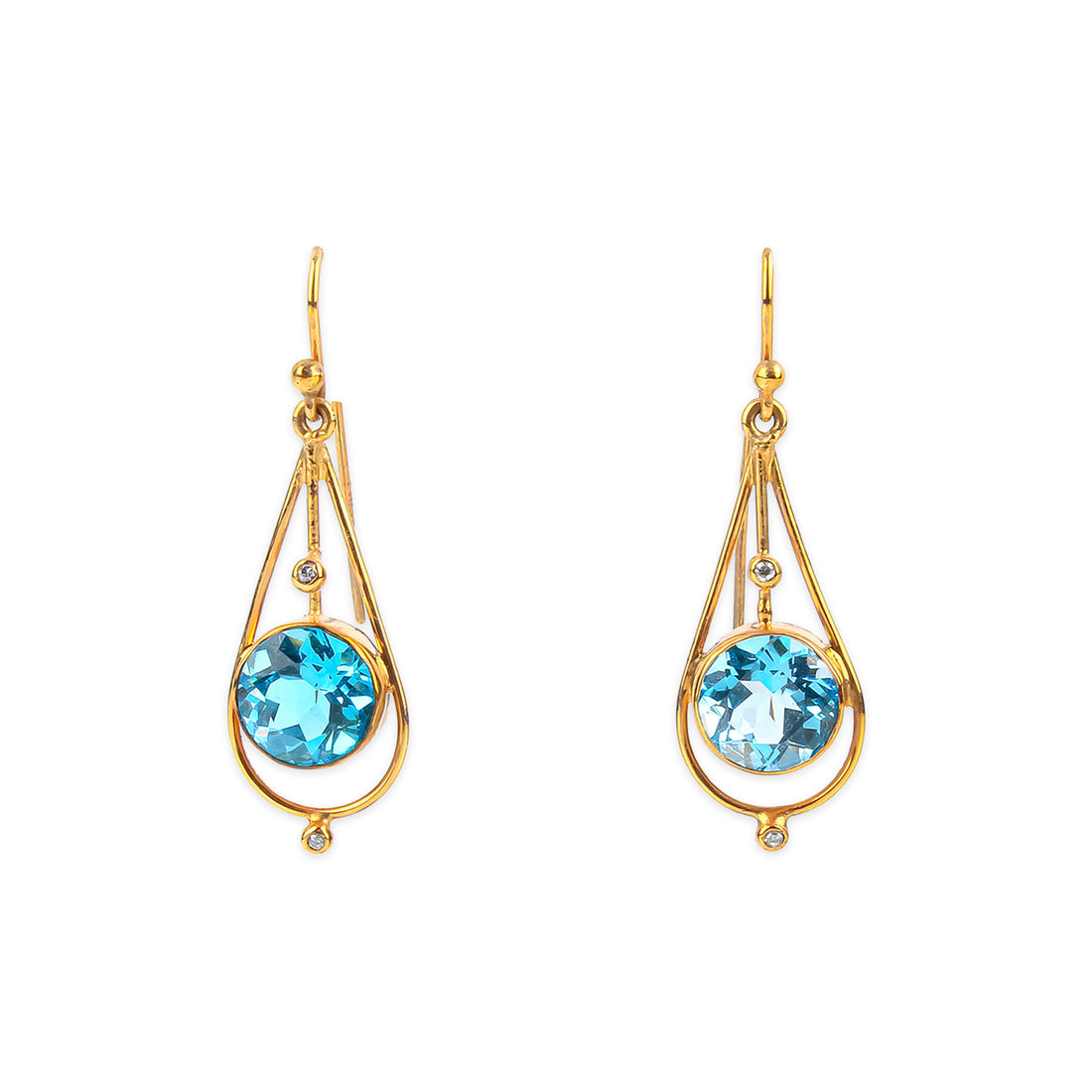 9K Yellow Gold Round Blue Topaz & Diamond Drop Earrings