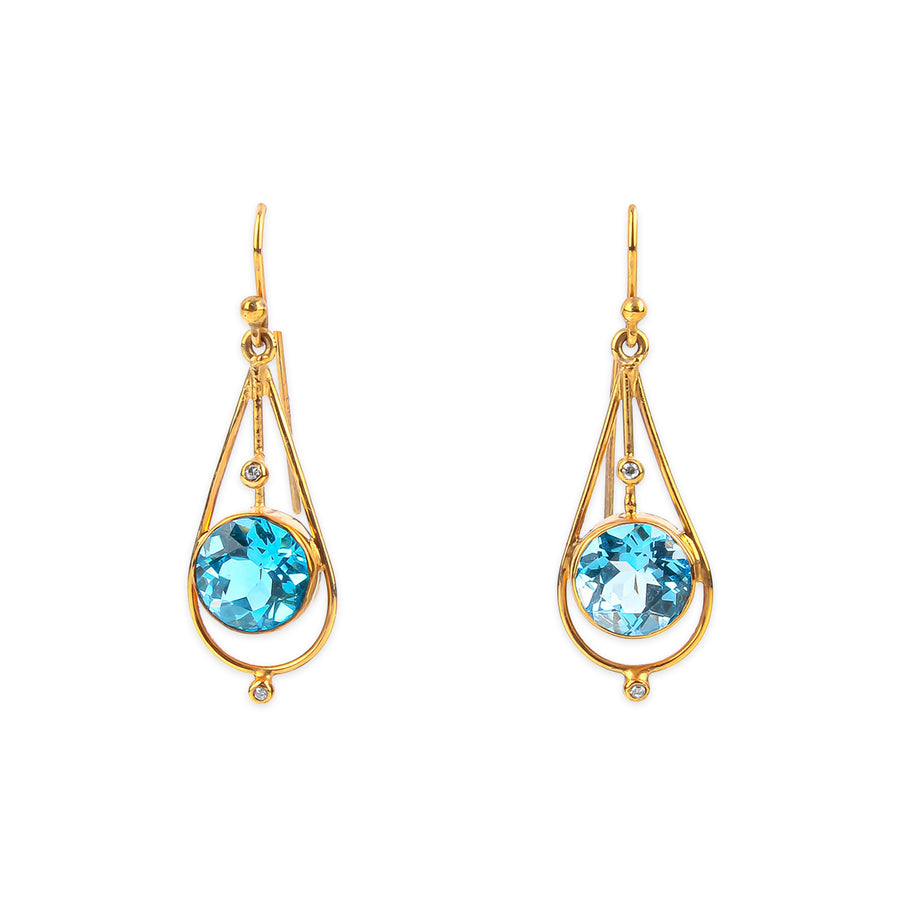 9K Yellow Gold Round Blue Topaz & Diamond Drop Earrings
