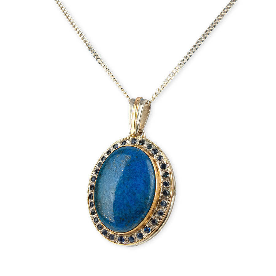 9K & Sterling Silver Lapis Lazuli Cabochon & Sapphire Pendant Necklace