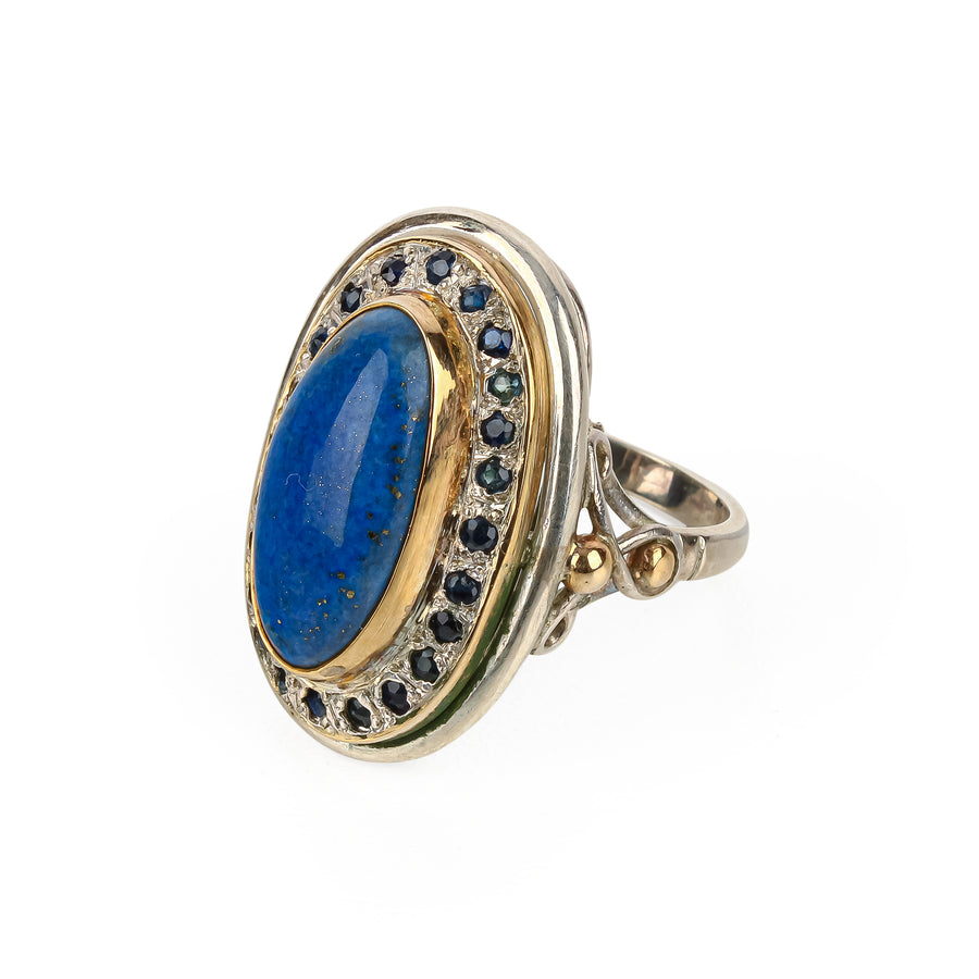 9K & Sterling Silver Lapis Lazuli Cabochon & Sapphire Ring