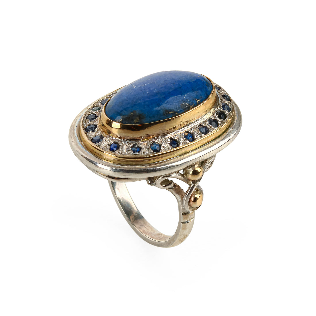 9K & Sterling Silver Lapis Lazuli Cabochon & Sapphire Ring