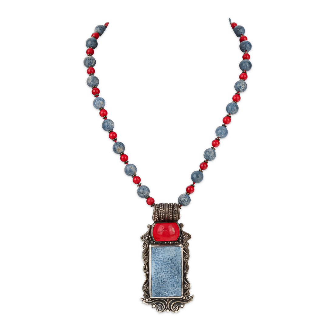 ARIK IDAN Sterling Silver Blue & Red Coral Bead Pendant Necklace