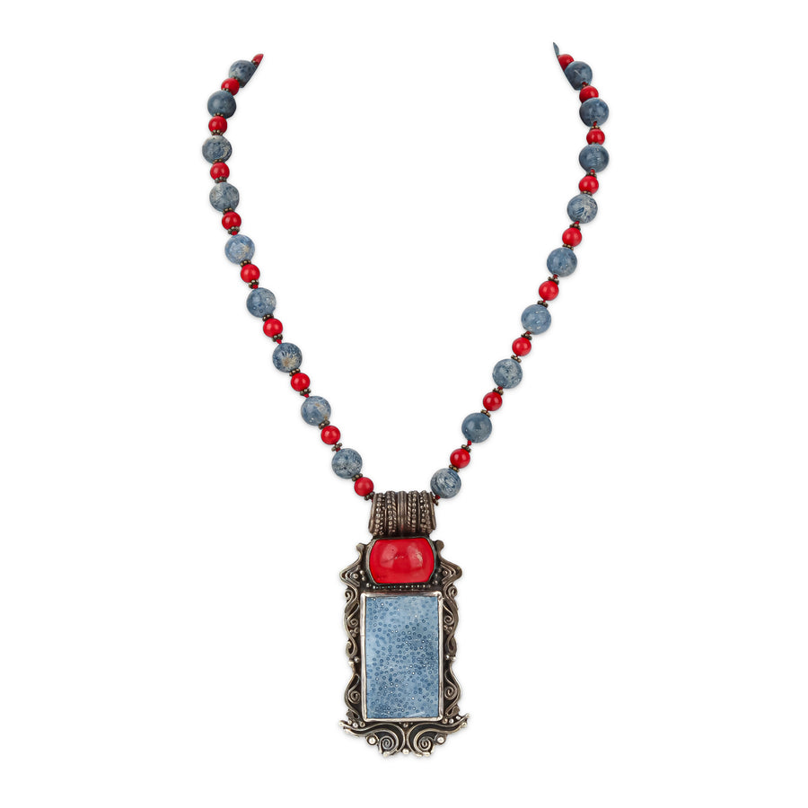 ARIK IDAN Sterling Silver Blue & Red Coral Bead Pendant Necklace