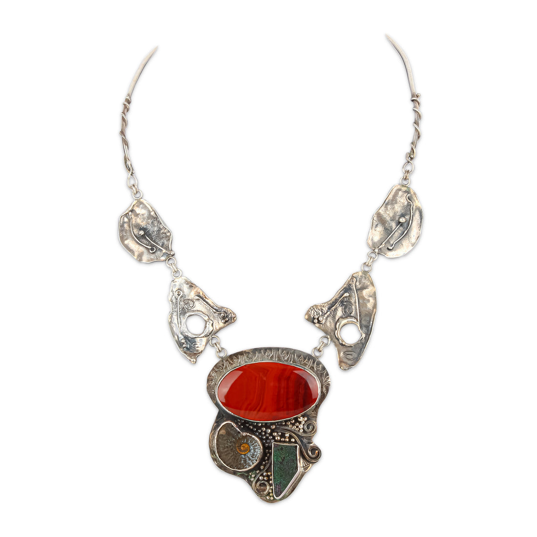 ARIK IDAN Sterling Silver Ammonite Druzy Carnelian Hinged Collar Necklace