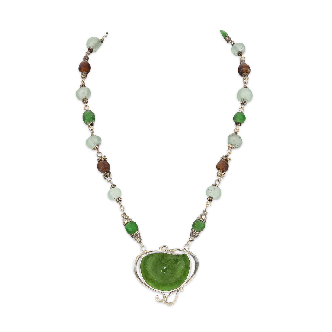 ARIK IDAN Sterling Silver Green Roman Glass Bead Pendant Necklace