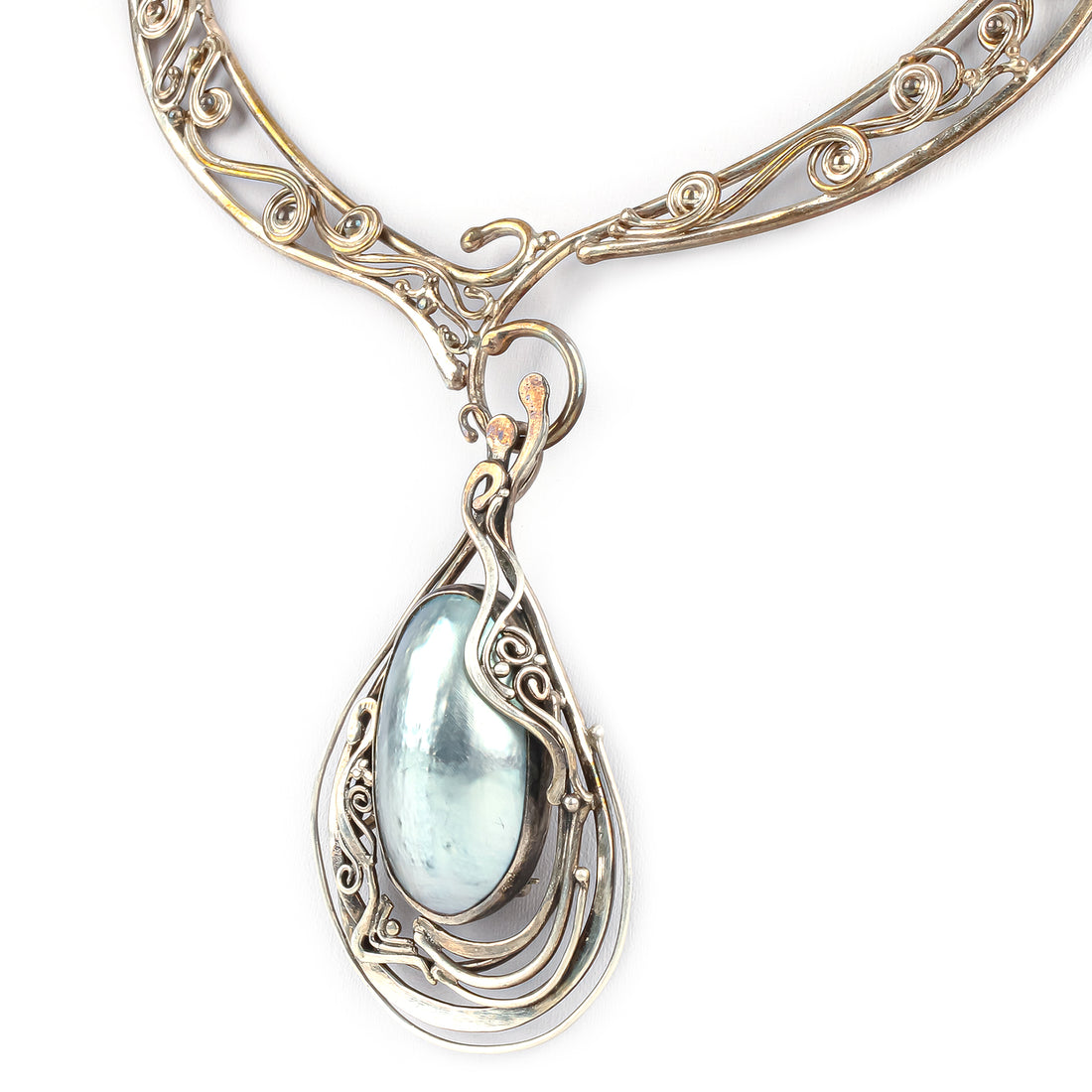 ARIK IDAN Sterling Silver Grey Mabé Pearl Pin Pendant Necklace